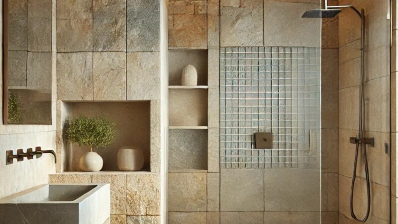 Salle de bain artisanale avec revêtements mur et sol en pierre