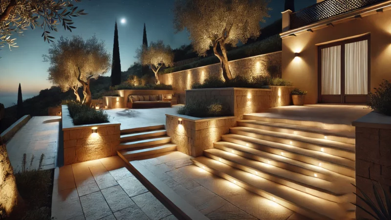 Terrasse en pierre naturelle éclairée de nuit dans un jardin méditerranéen – NATB