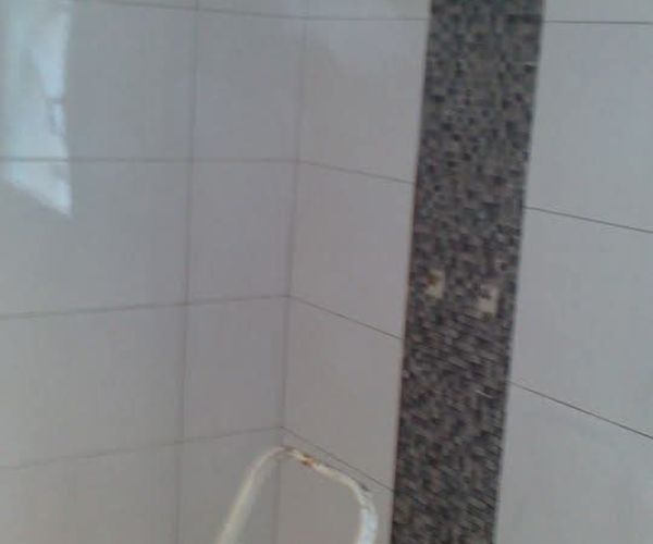 Carrelage mural blanc avec bande verticale en mosaïque grise dans une salle de bain – NATB